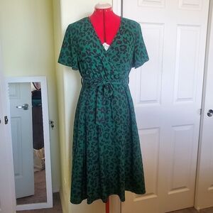 SHEIN Emerald Green Leopard Print Faux Wrap Dress